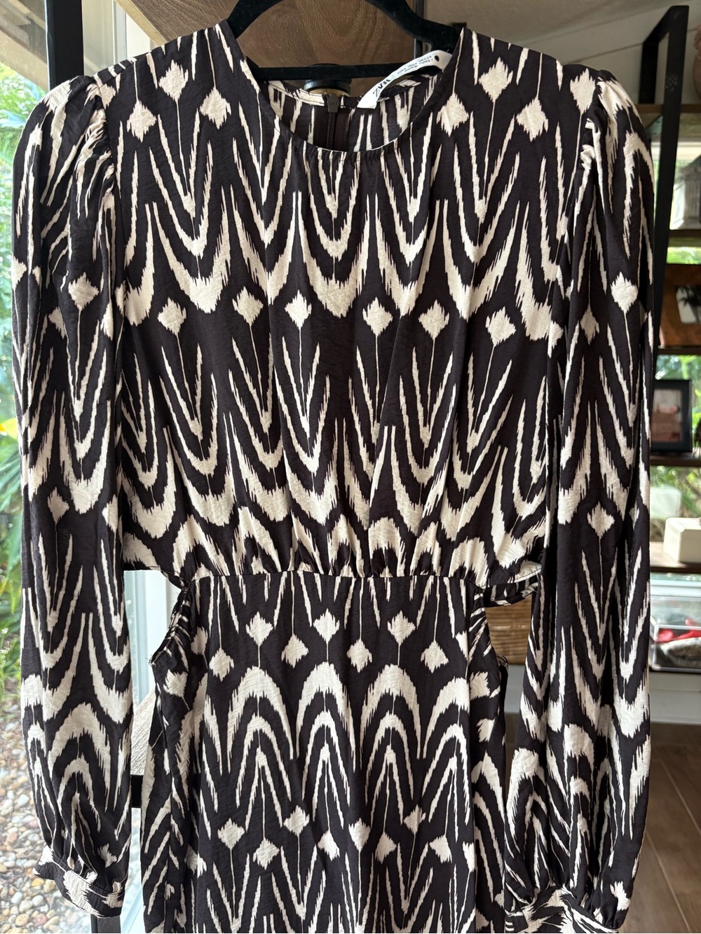 Zara Black and cream Patterned Long-Sleeve Women's Dress with side cutouts